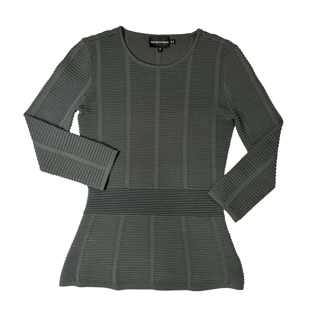 Emporio Armani Olive Green Textured Ribbed Knit Long Sleeve Top Size 38